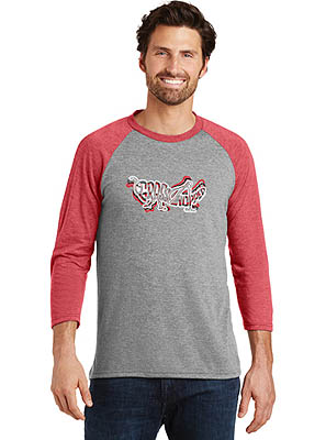 Mens' Gray and Red 3/4 Sleeve Grasshopper T-Shirt, with Tri-Color Logo Design