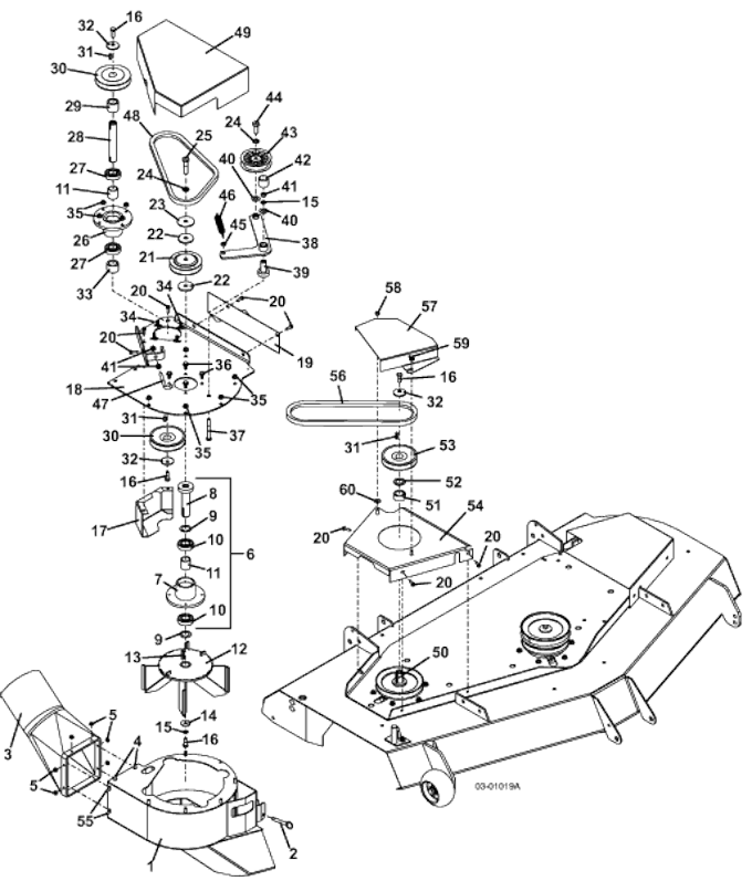 52 Inch, 61 Inch, and 72 Inch Decks Vacuum and Drive Assembly Parts Diagram