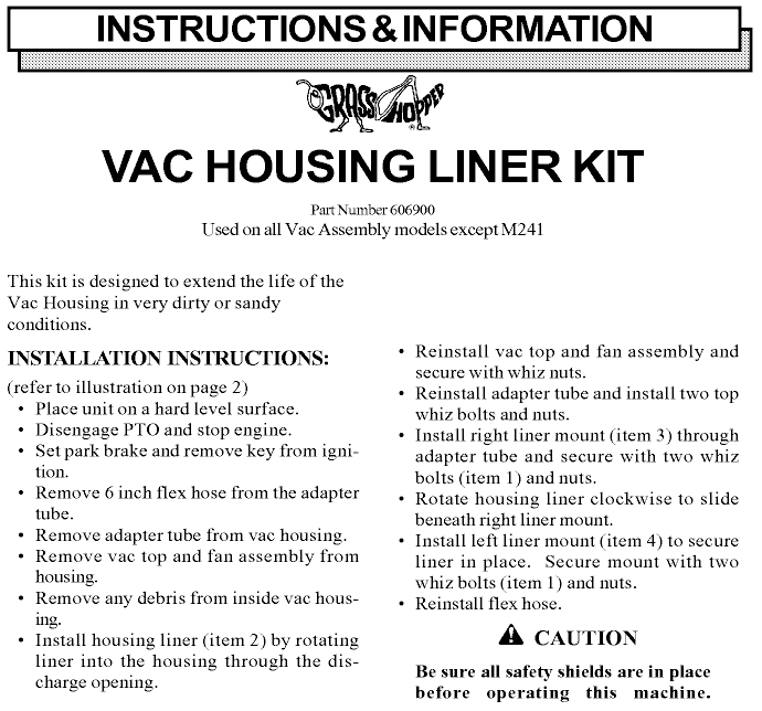 Vac Housing Liner Repair Kit Instructions